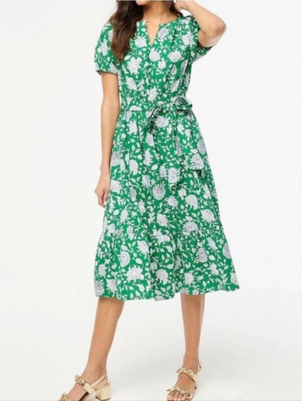 J. Crew Green and White Floral Tie-Waist Midi Dress Size 00